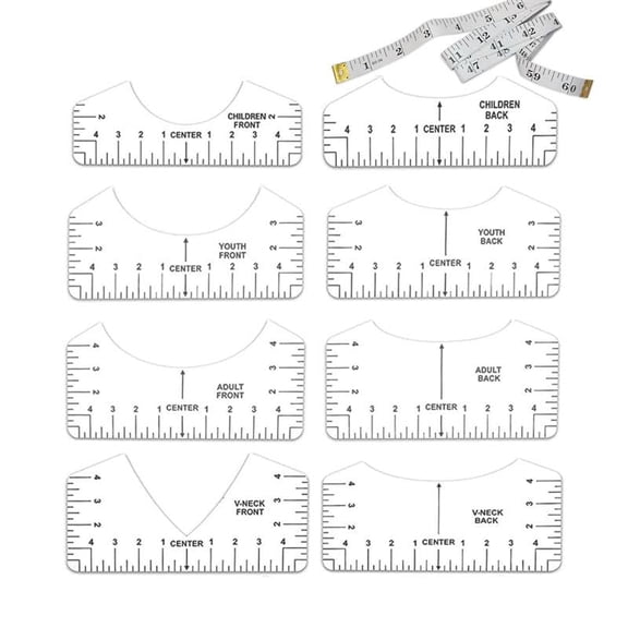 T-Shirt Alignment Ruler Set Clear Acrylic Front & Back Guides for Screen Printers, Heat Press, Vinyl & DTF Transfers (Infant Adult)
