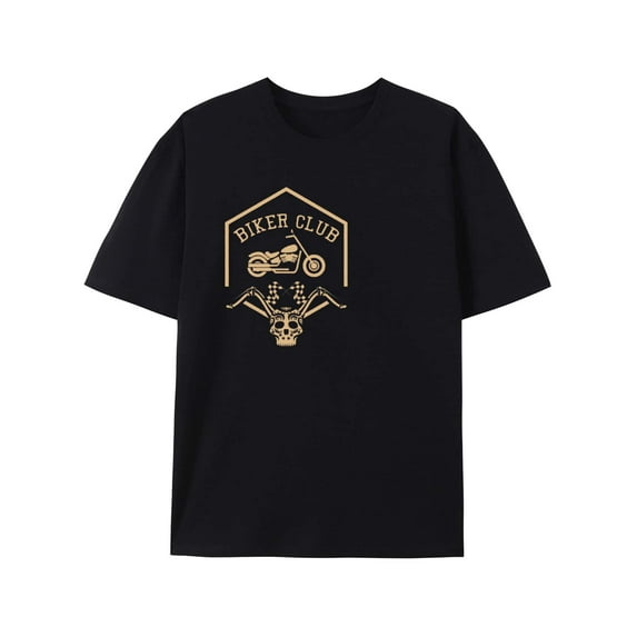 T-Shirt Black Biker Club Graphic Tee With Motorcycle And Skull Design, Vintage Unisex Shirt Printed Tshirts,Loose Round Neck Short Sleeve T-Shirt