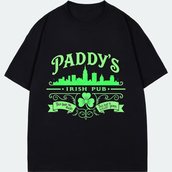 T-Shirt Black Paddy's Irish Pub City Skyline Clover And Text Design St Patrick's Day Celebration Party Wear