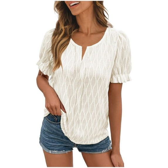 T Shirt Blouses for Women Dressy Casual Shirt Puff Short Sleeve Solid Color Crew Neck Elegant Blouse