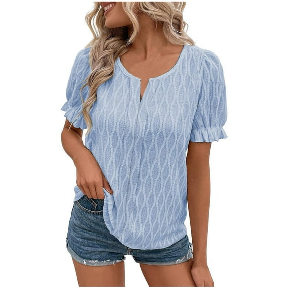 T Shirt Blouses for Women Dressy Casual Shirt Puff Short Sleeve Solid Color Crew Neck Elegant Blouse