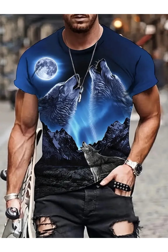 T Shirt Blue Moon Wolf Graphic Print Fashion Novelty Men Tee Short Sleeve Casual