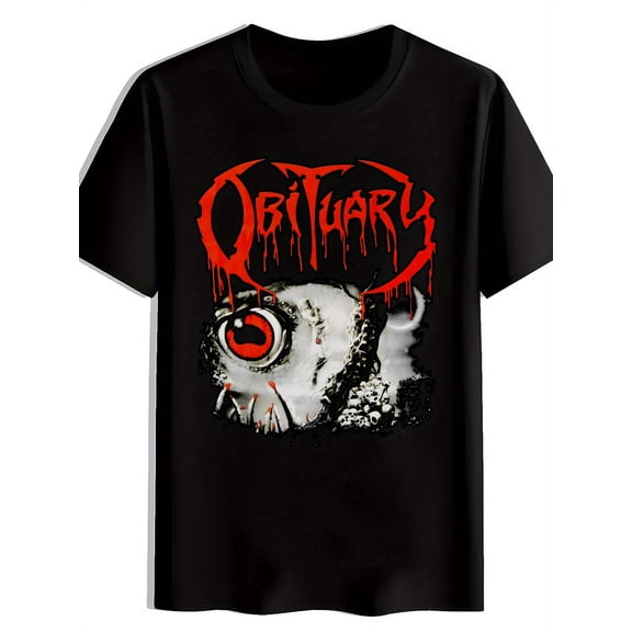 T-Shirt - Bold Red "OBITUARY" Lettering & Edgy Skull Artwork, 100% Polyester Round Neck Short Sleeve Tee for Summer, Concerts, Festivals, Beach - Machine Washable Casual Top