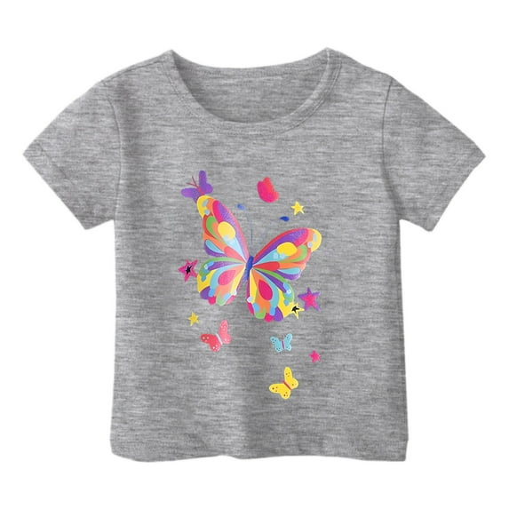 T-Shirt Boys Girls Cartoon Butterfly Print Crewneck Clothes Outfit Plus Size Breathable Boys' Activewear T-Shirts,Grey,90