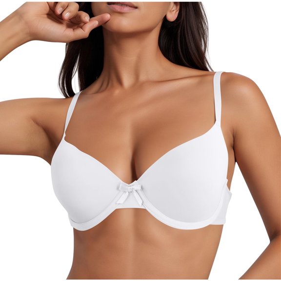 T-Shirt Bras For Women Basic Deep V Neck Supportive Bra Shaped Cup Push Up Bras Comfortable Anti Sagging Underwear Brassiere (34C, White)
