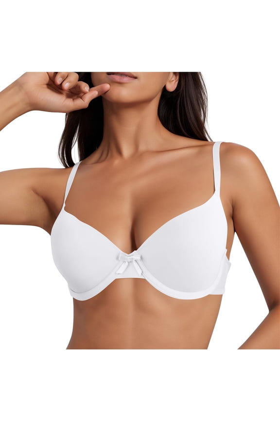 T-Shirt Bras For Women Basic Deep V Neck Supportive Bra Shaped Cup Push Up Bras Comfortable Anti Sagging Underwear Brassiere (34C, White)