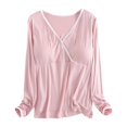 thumbnail image 1 of T Shirt Built-in Padded Bra Soft Pajama Tops Long Sleeve Shirts V Neck Shirts Fall Clothes Outfits Pink XL, 1 of 3