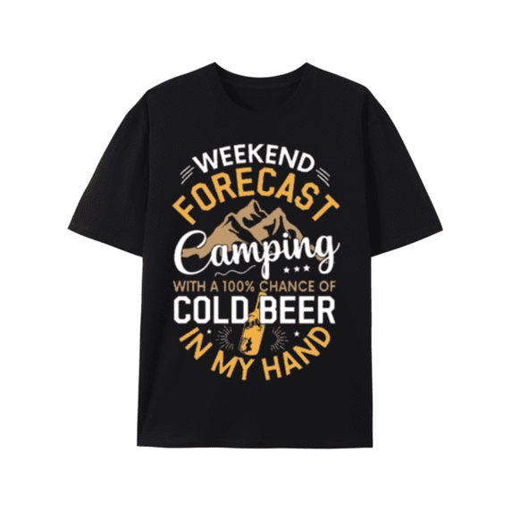 T-Shirt Camping Forecast: Cold Beer In Hand,Men's Summer Round Neck Short Sleeved Casual Cotton Print
