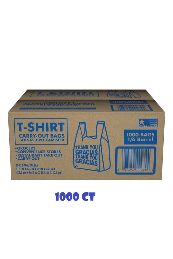 T-Shirt Carry-Out Plastic Bags, 11.5" x 6.5" x 22", Bulk Pack 1,000 Count