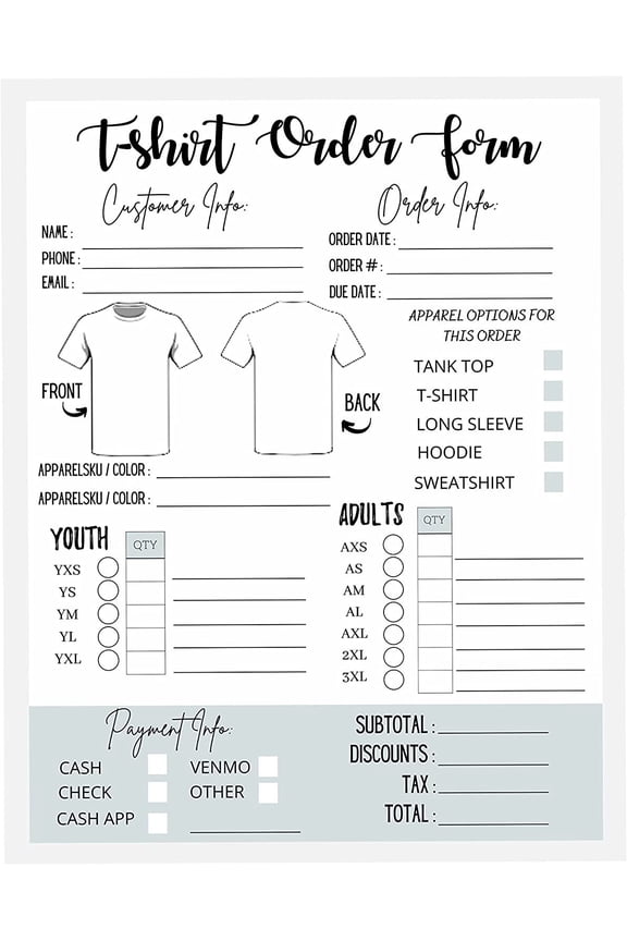 T-Shirt Custom Order Form Hoodie Template Business Invoice 75 pk 8.5x11 inches Log Book Printable for Small Businesses, New Orders Vinyl, Decal, Sublimation