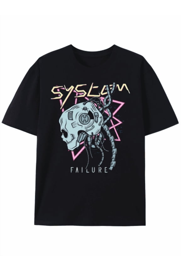 T-Shirt Cyberpunk Skull System Failure Graphic Tee, Unique Design Unisex Shirt Printed Tshirts,Loose Round Neck Short Sleeve T-Shirt