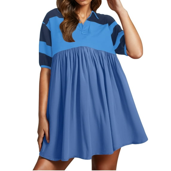 T-Shirt Dress Sevevn Womens Summer Dresses Oversized Casual Short Sleeve Color Block Collared V Neck Flowy Shirt Mini Dress Casual Summer Dresses For Women