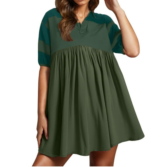 T-Shirt Dress Sevevn Womens Summer Dresses Oversized Casual Short Sleeve Color Block Collared V Neck Flowy Shirt Mini Dress Casual Summer Dresses For Women