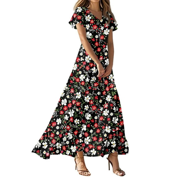 T Shirt Dress, Wedding Guest Easter Dresses Chiffon Floral Short Sleeve Ruffle V Neck Flowy Maxi Dress Long Cocktail For Women Coquette Dress Tropical 2024 Dresses Maxi Dresses (XXL, Gray) ZMTing