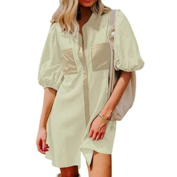 T-Shirt Dress Women Sevevn Women Dress Summer Casual V Neck Short Sleeve Button Striped Tunic Dresses With Pockets Casual Summer Dresses For Women