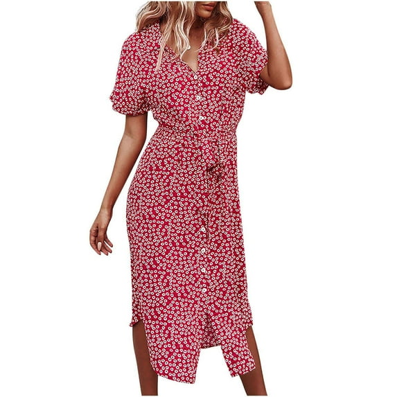 T-Shirt Dress for Women Women's Summer Bohemian Print Short Sleeve Button Bandage Knee Length Dress Red S