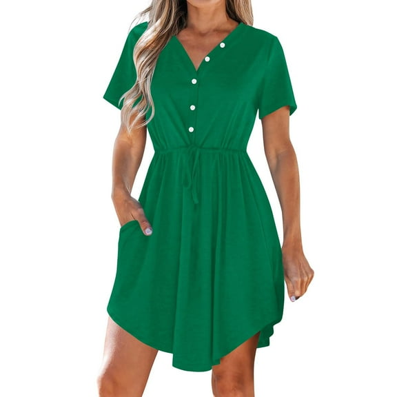 T-Shirt Dress for Women Women's Summer Dress Casual V Neck Short Sleeve Drawstring Dresses with Pockets Green Xxl