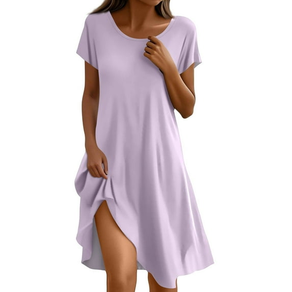 T Shirt Dresses For Women 2025, T Shirt Dresses Flared Short Sleeve Casual Solid Color V Neck Beach White Sweater Dress Maxi Flowy Dresses Spring 2024 Floral Maxi Dress Casual (XL, Purple) ZMTing