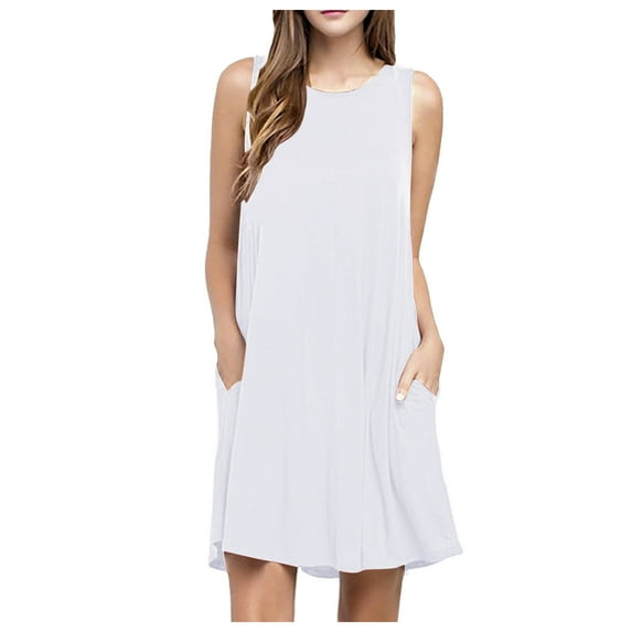 T Shirt Dresses for Women Clearance Women Summer Casual Dress Sleeveless Crew Sundress a Line Flowy Tshirt Beach Sundresses Vacation Outfits Boho Dresses for Women 2025 New White L