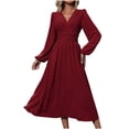thumbnail image 1 of T Shirt Dresses for Women Womens Chiffon Cocktail Maxi Dress, Long Sleeve V Neck Chiffon A-Line Flowy Wedding Guest Dresses Pleated Dress for Women Wine XXL, 1 of 9