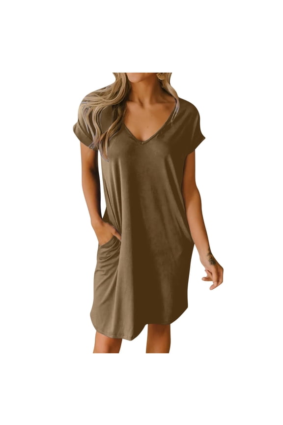 T-Shirt Dresses for Women 2024 Summer Loose Short Sleeve V Neck Casual Solid Mini Dress Lounge Nightgown with Pockets