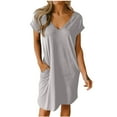 thumbnail image 1 of T-Shirt Dresses for Women 2024 Summer Loose Short Sleeve V Neck Casual Solid Mini Dress Lounge Nightgown with Pockets, 1 of 7