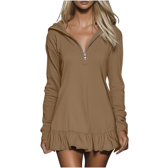 T Shirt Dresses for Women Solid Color Long Sleeve Hooded Semi-Zip Flared Sporty Casual Loose Dress