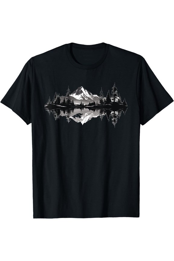 T-Shirt Featuring a Scenic Mountain Landscape with Reflections, Forest, Trees, And Wildlife