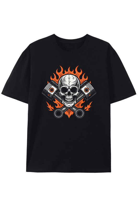 T-Shirt Flaming Skull & Pistons Graphic Tee, Unique Design Unisex Shirt Graphic tshirts