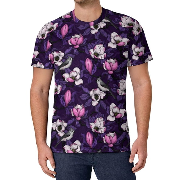 T Shirt For Men Birds Flower Print Pink And Blue Rose Male Popular Premium Pattern Tee Shirt Short S