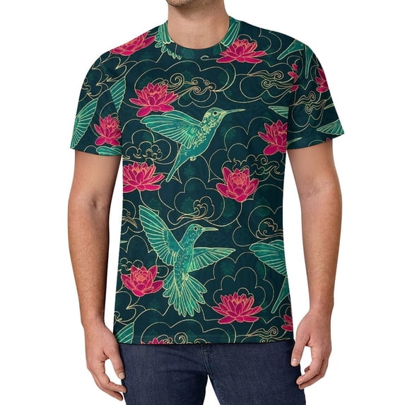 T Shirt For Men Birds Flower Print Pink And Blue Rose Male Popular Premium Pattern Tee Shirt Short S