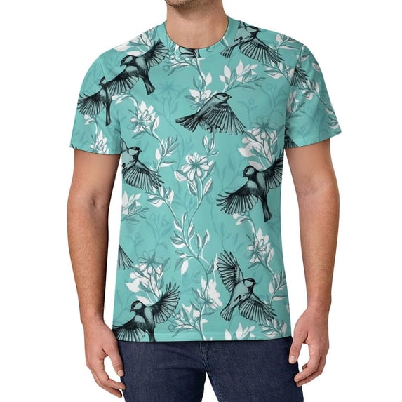 T Shirt For Men Birds Flower Print Pink And Blue Rose Male Popular Premium Pattern Tee Shirt Short S