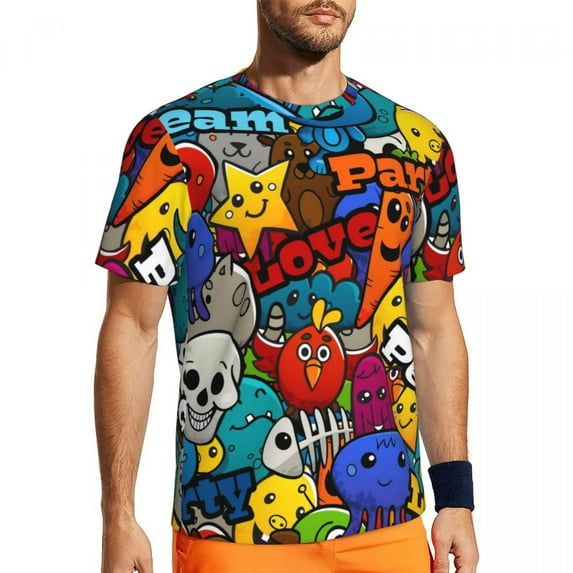 T Shirt For Men Colorful Word Graffiti Letter Art Print Harajuku Gym T-Shirts Short Sleeve Quick Dry