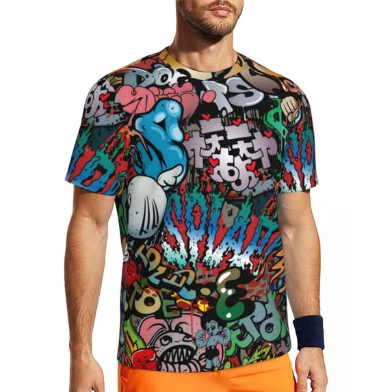 T Shirt For Men Colorful Word Graffiti Letter Art Print Harajuku Gym T-Shirts Short Sleeve Quick Dry