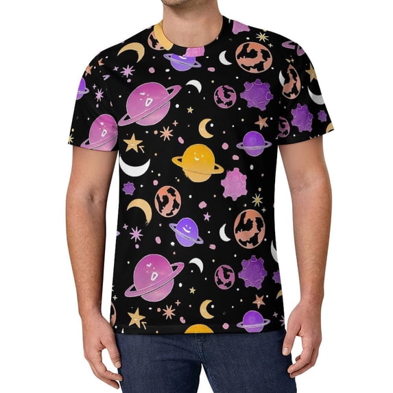 T Shirt For Men Cute Space Design Planets Art Couple Popular Beach Pattern Tees Short Sleeve Basic O