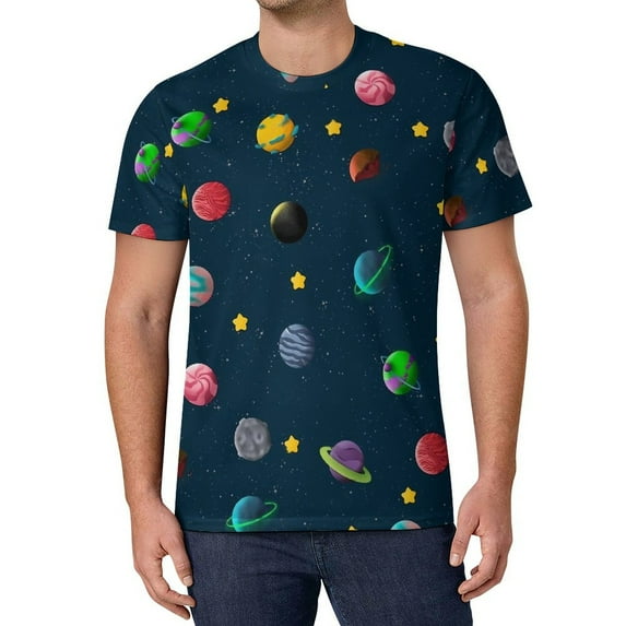T Shirt For Men Cute Space Design Planets Art Couple Popular Beach Pattern Tees Short Sleeve Basic O