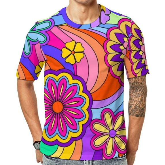 T Shirt For Men Flower Power Vintage 60s 70s Hippie Print Vintage Short Sleeve Casual Tshirt Hot Ori