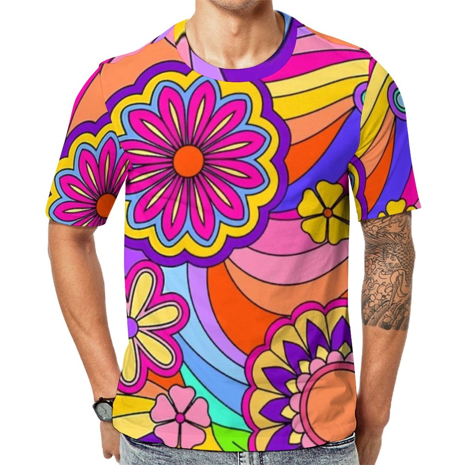 T Shirt For Men Flower Power Vintage 60s 70s Hippie Print Vintage
