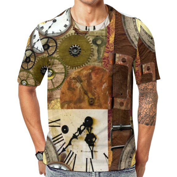 T Shirt For Men Golden Steampunk Wooden With Mechanical Seahorse Basic Summer Retro Tees Short Sleev