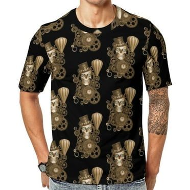 T Shirt For Men Golden Steampunk Wooden With Mechanical Seahorse Basic Summer Retro Tees Short Sleev