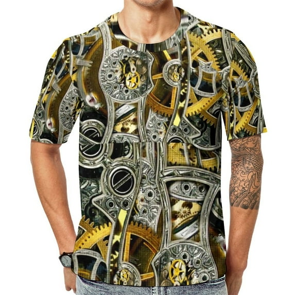 T Shirt For Men Golden Steampunk Wooden With Mechanical Seahorse Basic Summer Retro Tees Short Sleev