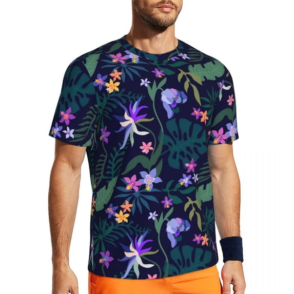 T Shirt For Men Gym For Mens Tropical Floral Print T-Shirts Fashion Color Hibiscus Beach Tees O Neck