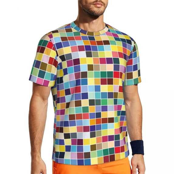 T Shirt For Men Gym Geo Print Novelty Colorful Checkered Summer Tees O Neck Streetwear Printed Cloth