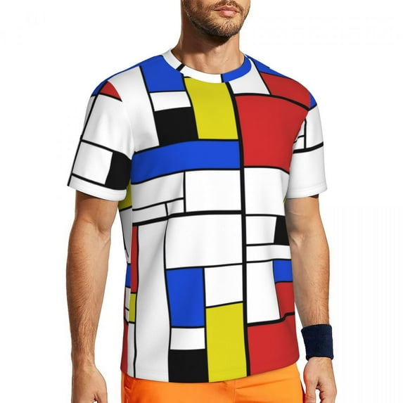 T Shirt For Men Gym Mondrian Line T-Shirts Trendy Cool Colorful Plaid Summer Tees O Neck Retro Graph