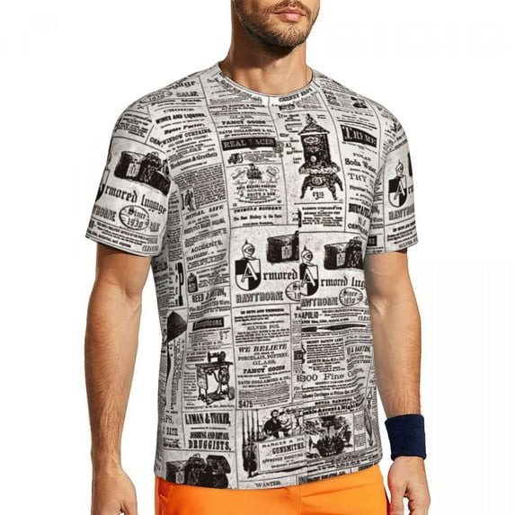 T Shirt For Men Gym Newspaper Artwork T-Shirts Hippie Vintage Black White Summer Tee Shirt O Neck Aw
