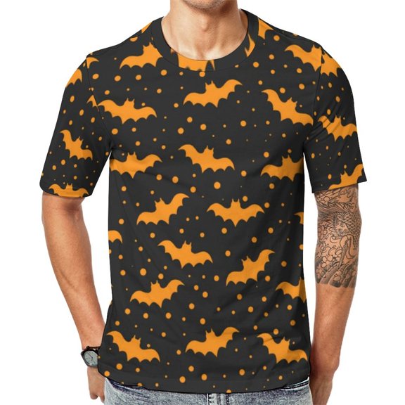 T Shirt For Men Halloween Orange Black Bats Novelty T-Shirts Short Sleeve Graphic Tops Hot Summer Ka