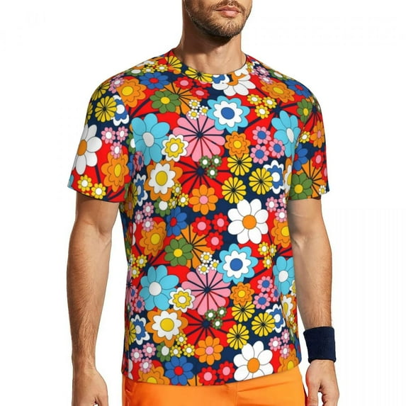 T Shirt For Men Hippie Retro 60s Bohemian Circles Trendy Cool Running Short Sleeves Breathable Tshir
