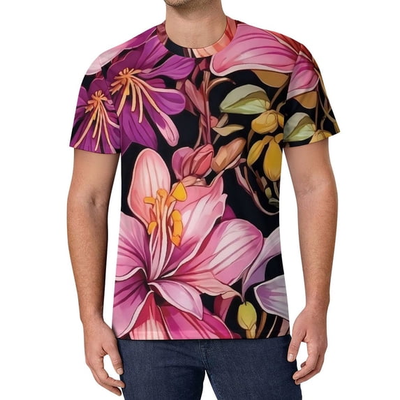 T Shirt For Men Lily Floral Print Colorful Flower Retro T-Shirts Male Fun Tshirt Original Short Slee