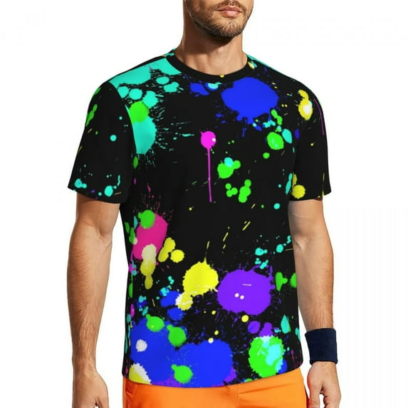 T Shirt For Men Neon Paint Splatter T-Shirt Men Blue Purple Pink Streetwear Running T-Shirts Breatha