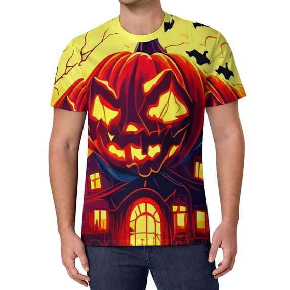T Shirt For Men Neon Pumpkins Halloween Print Aesthetic T-Shirts O-Neck Novelty Tshirt Beach Male De